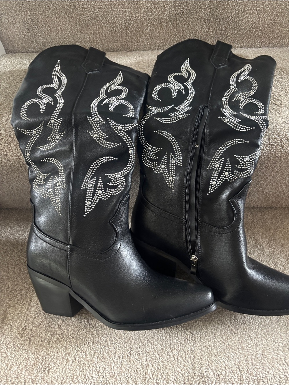 Amazon Black Western Rhinestone Mid-Calf Heeled Boots